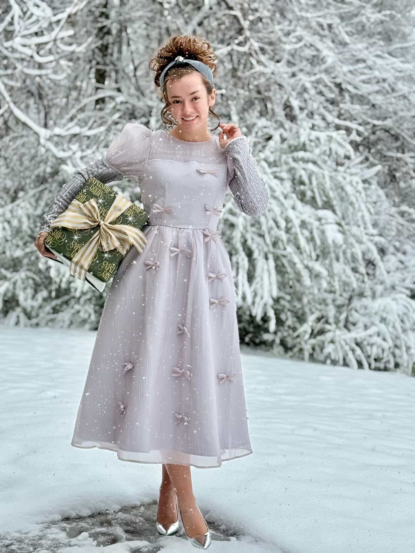 Holiday Luxe Ribbon Dress in Silver.