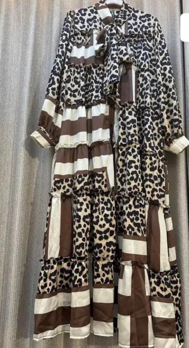 Brown Animal Print Color - The Bow'd and The Beautiful ☆ Preorder ☆  ETA 2/3 weeks - Tiered Dress with Brown Animal Print Color Blend (Brown Leopard Print with Brown/Cream Striping Throughout) and neckline bow