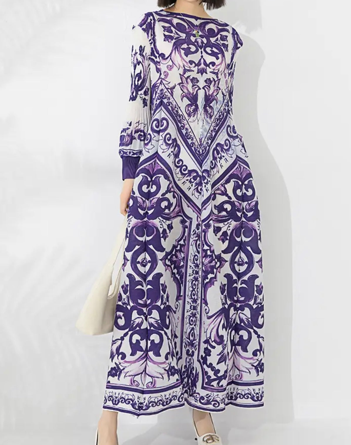 Purple Color - Vintage Dreams Dress ** Preorder ETA 2/3 Weeks - Vibrant Color and Unique Print Style with Long Lantern Sleeves - Round Neck