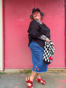 Strawberries or Cherries Denim Skirt With Frayed Hem. You Customize. Sizes S - 3X
