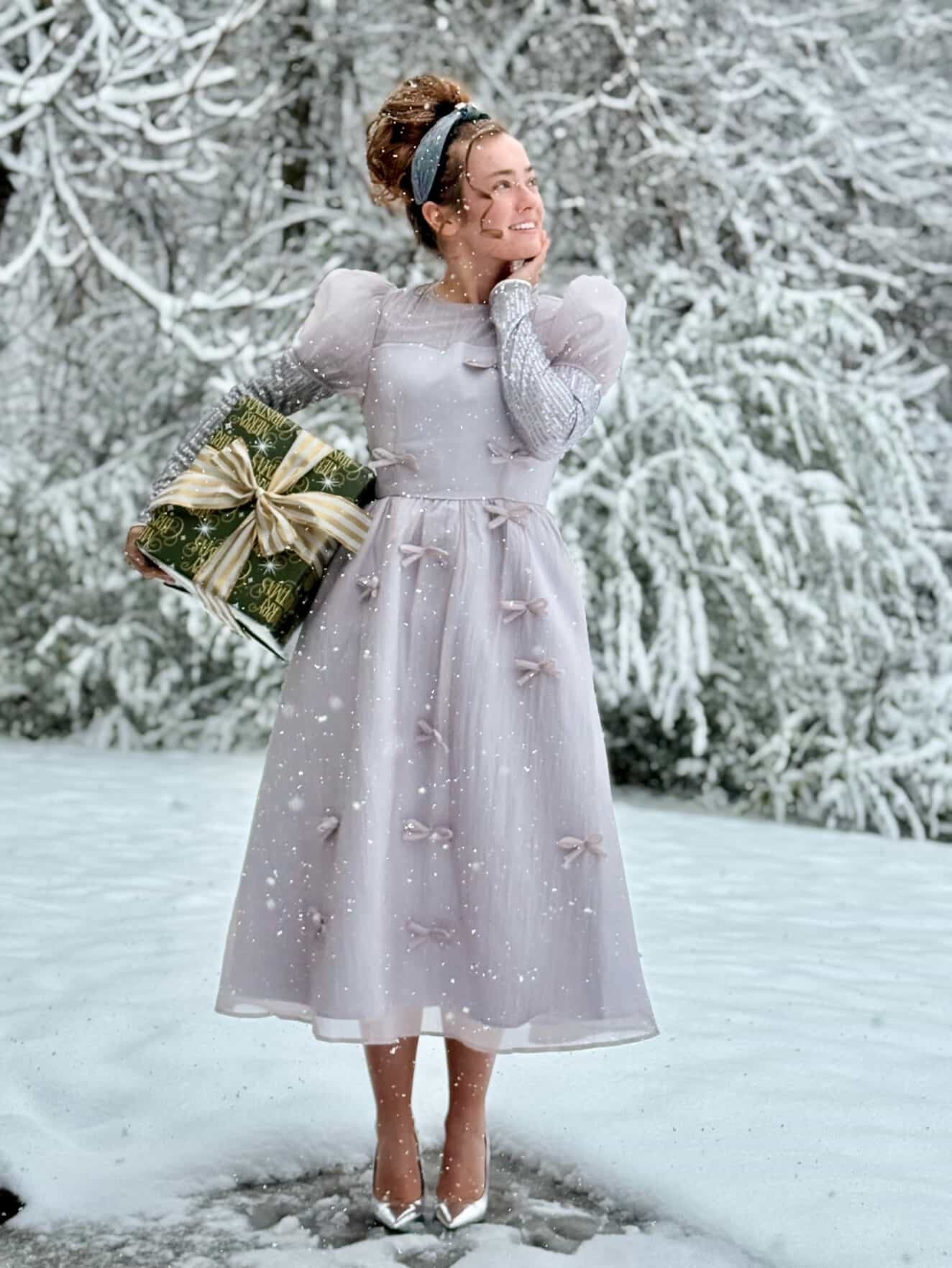 Holiday Luxe Ribbon Dress in Silver.