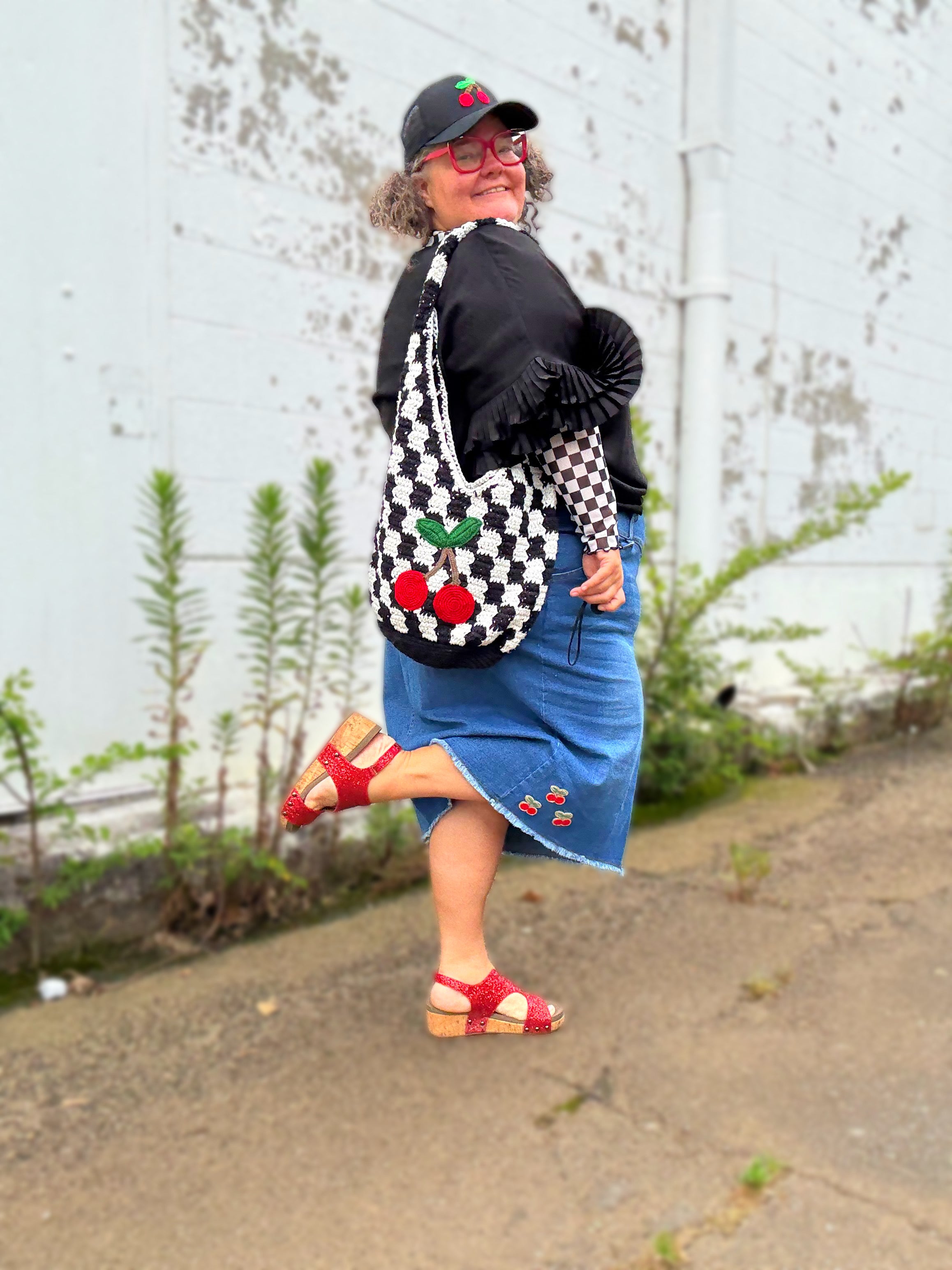 Strawberries or Cherries Denim Skirt With Frayed Hem. You Customize. Sizes S - 3X