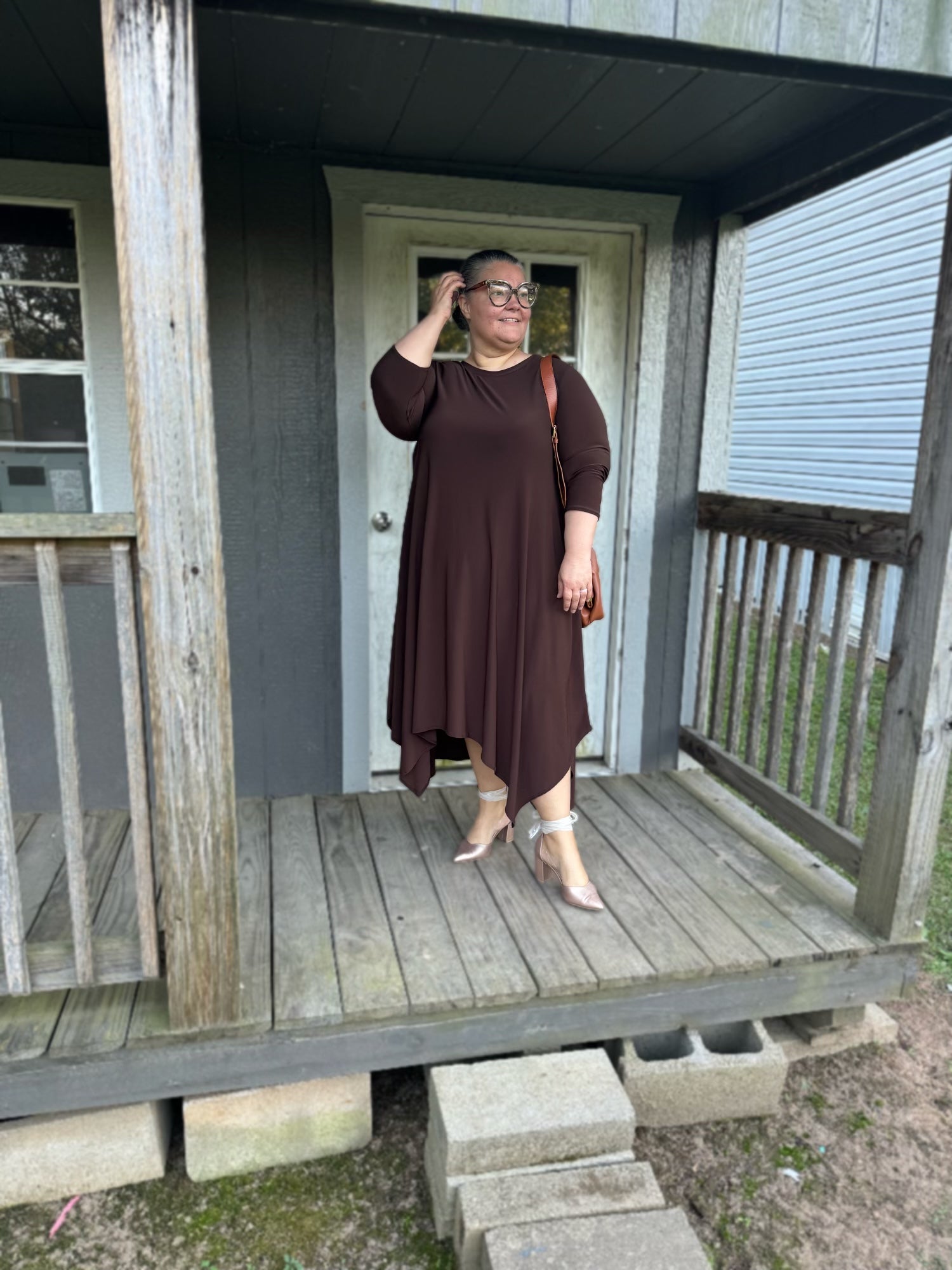 Simply Brown-Tastic Maxi Dress in Brown with 3/4 length sleeves and handkerchief bottom.