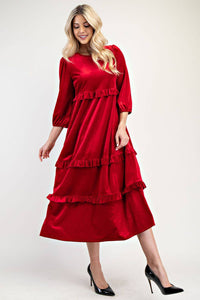 Red velvet dress with tiers and ruffles. Midi length 