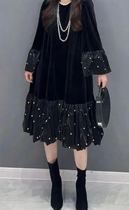 Black Color - Velvet Splendor Dress - Loose, Flowy Fit, Very Little Stretch - Ruffle on Sleeve Cuffs and Hem, Pearl Design Detail on Ruffle