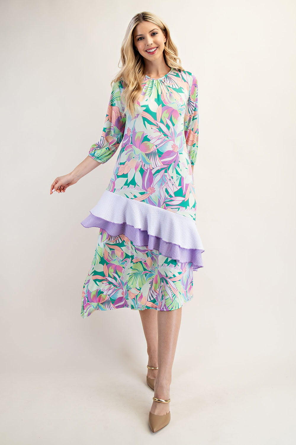 Floral Harmony Frill Midi Dress in Purple*Sizes S -3X **ETA 3/4