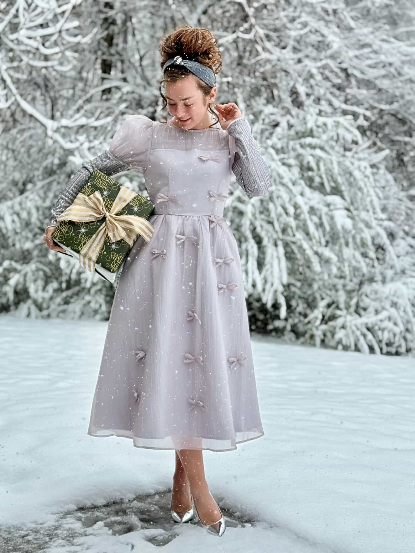 Holiday Luxe Ribbon Dress in Silver.