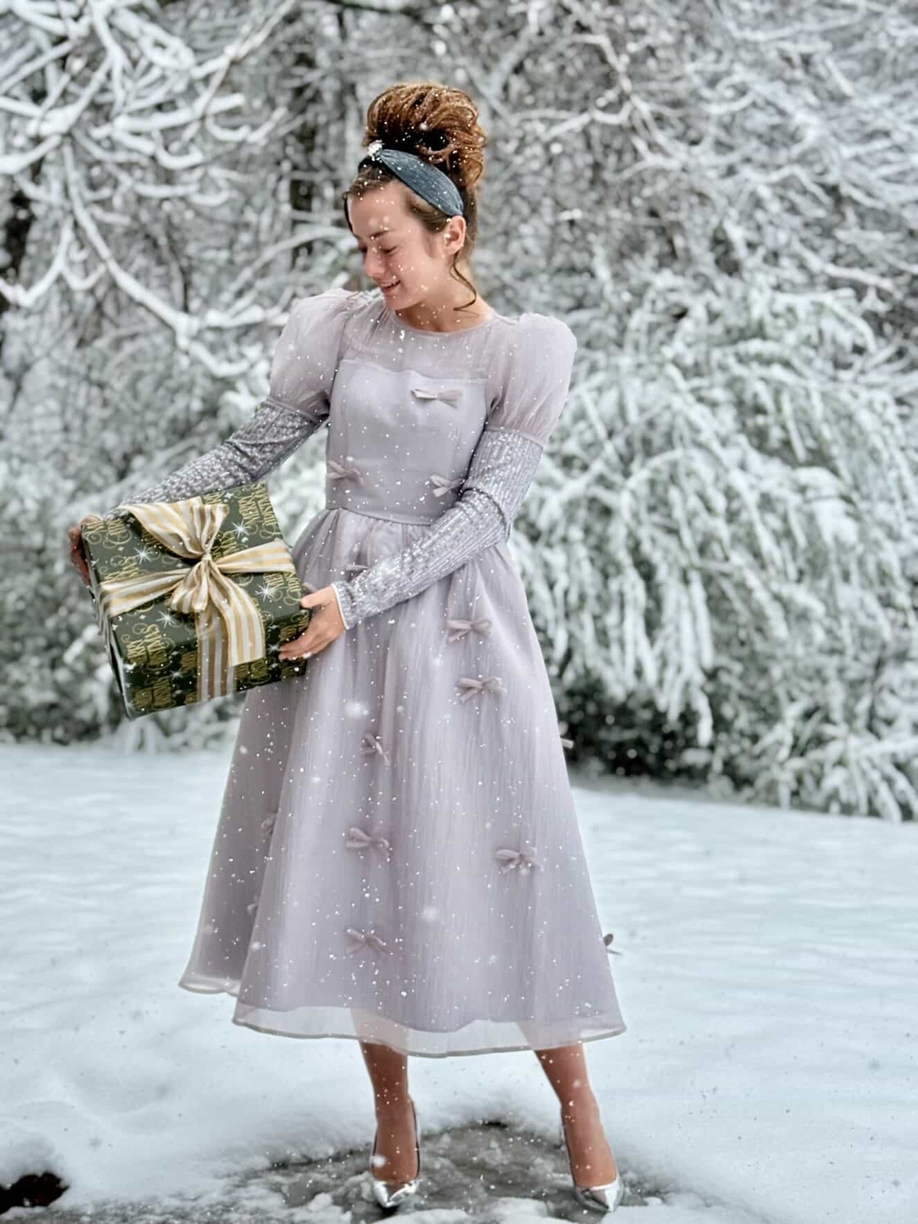 Holiday Luxe Ribbon Dress in Silver.