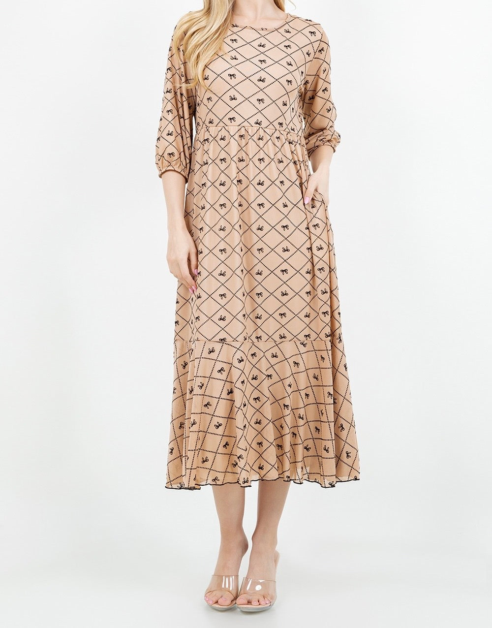 Bow Allure Dress In Beige. Sizes S - 3X