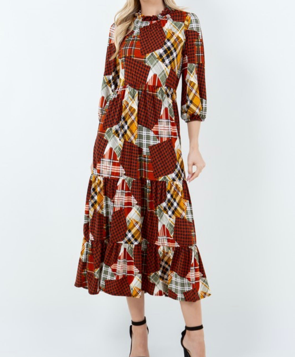 Front View of Autumn Patches Dress with Multicolor Plaid Print and Houndstooth Print