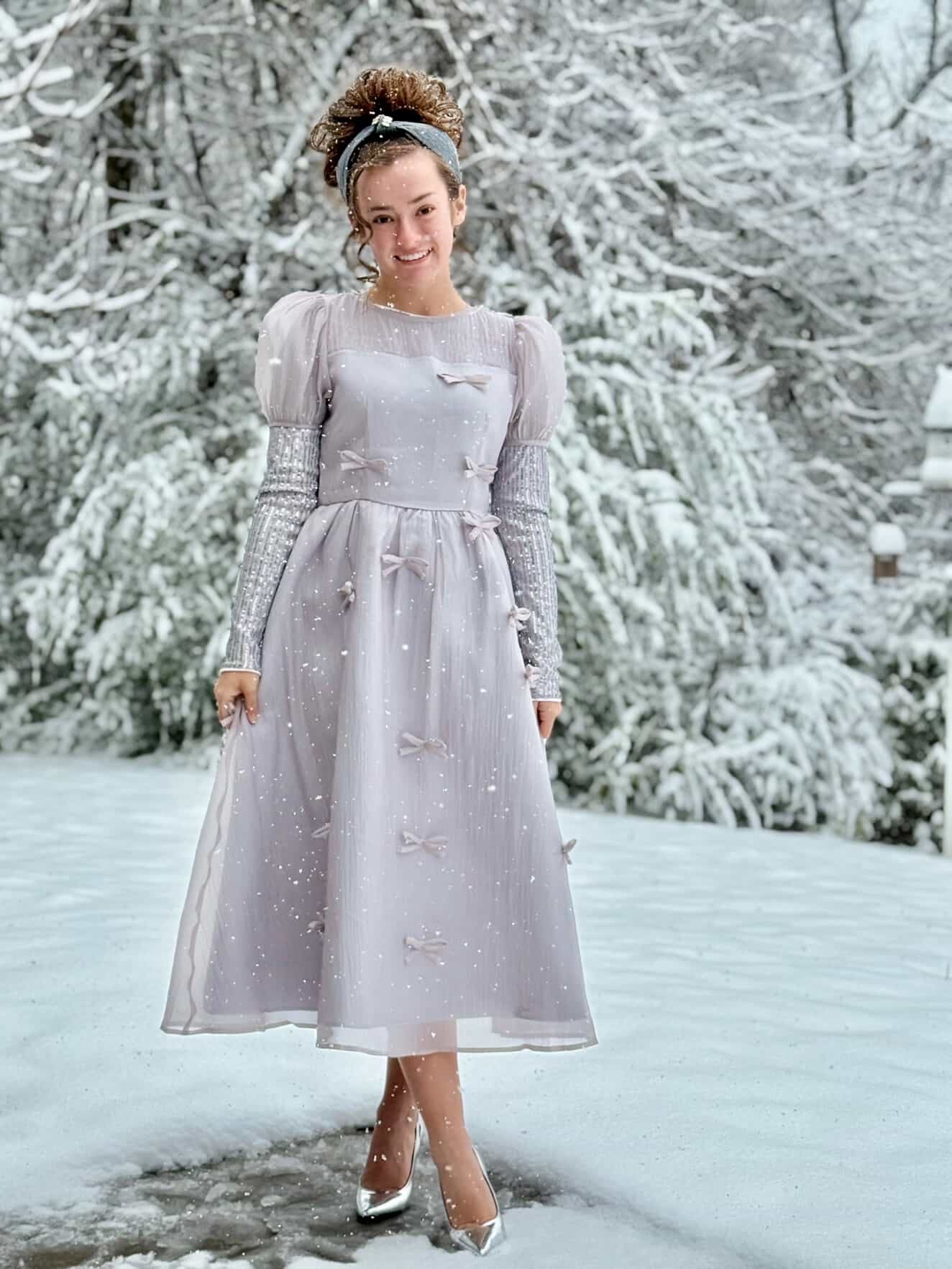 Holiday Luxe Ribbon Dress in Silver.