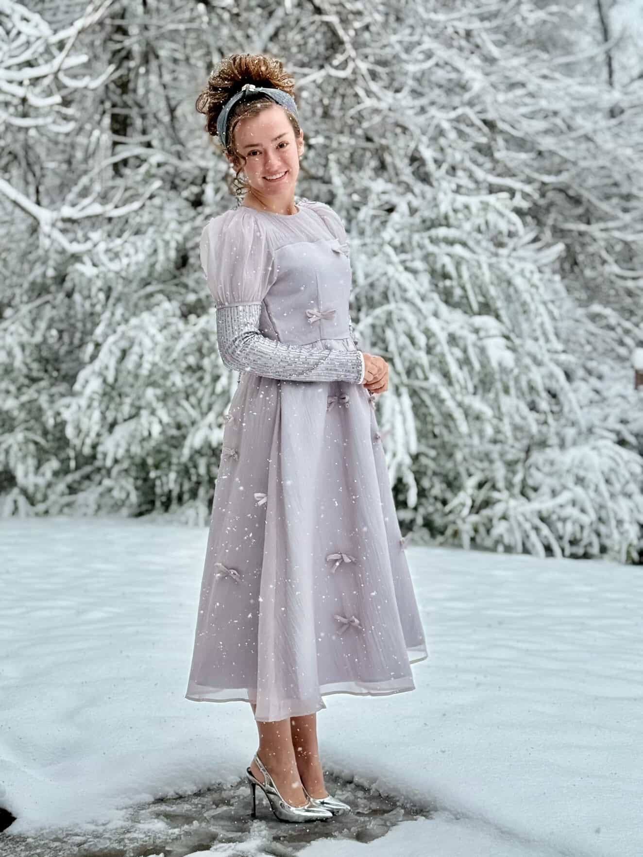 Holiday Luxe Ribbon Dress in Silver.