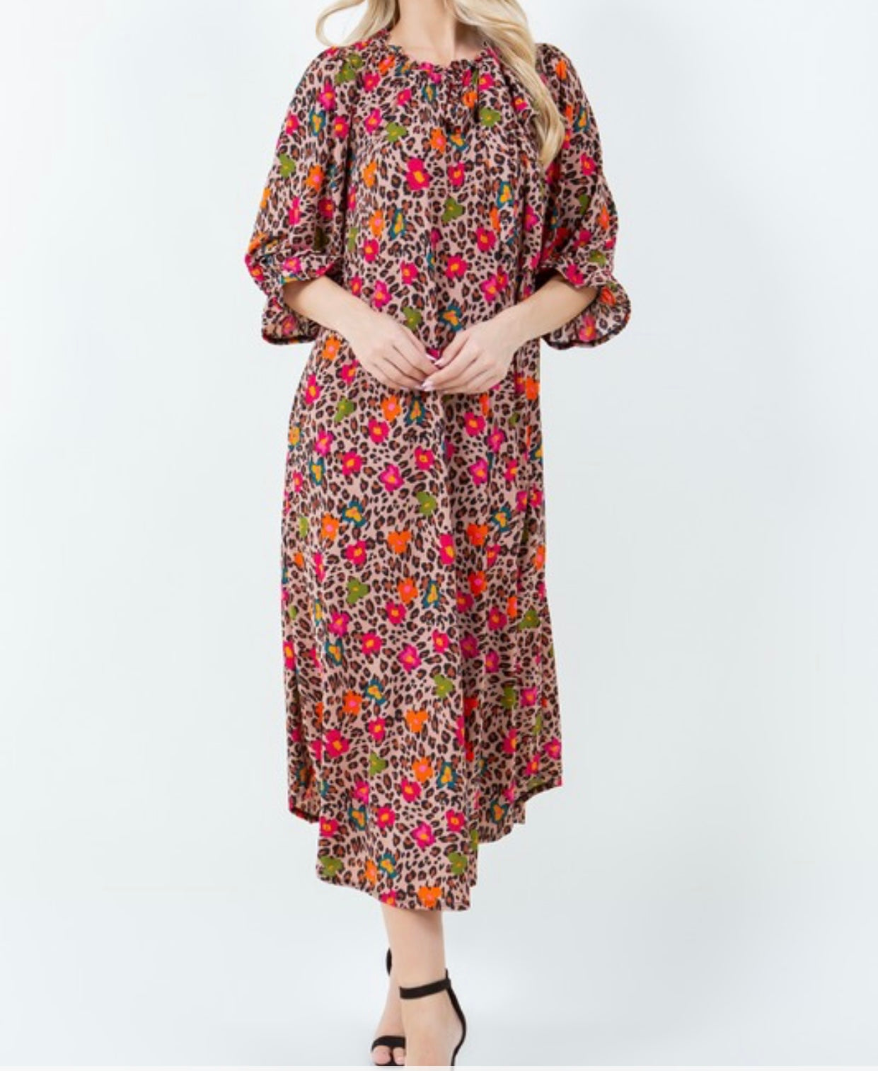 Leopard Color with Multicolor Blooming Flower Detail - Leopard Fall Blooms -Ready to Ship! - 3/4 Puff Sleeves