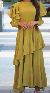 Lemon Yellow Color - I Love Fall Dress ☆ Preorder ☆ ETA 2/3 Weeks - Tiered/Ruffled Sleeves Ending in Simple Long Sleeves - Pleating Detail and Irregular Ruffles Across Skirt