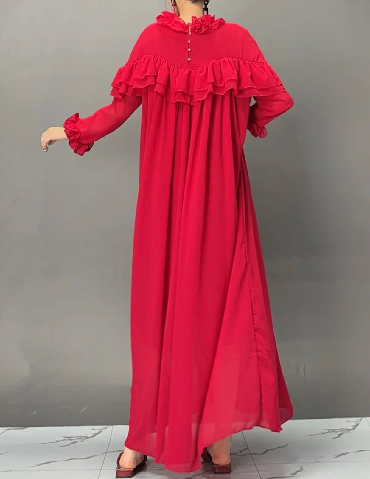 Back of Red Ruffled Maxi Dress