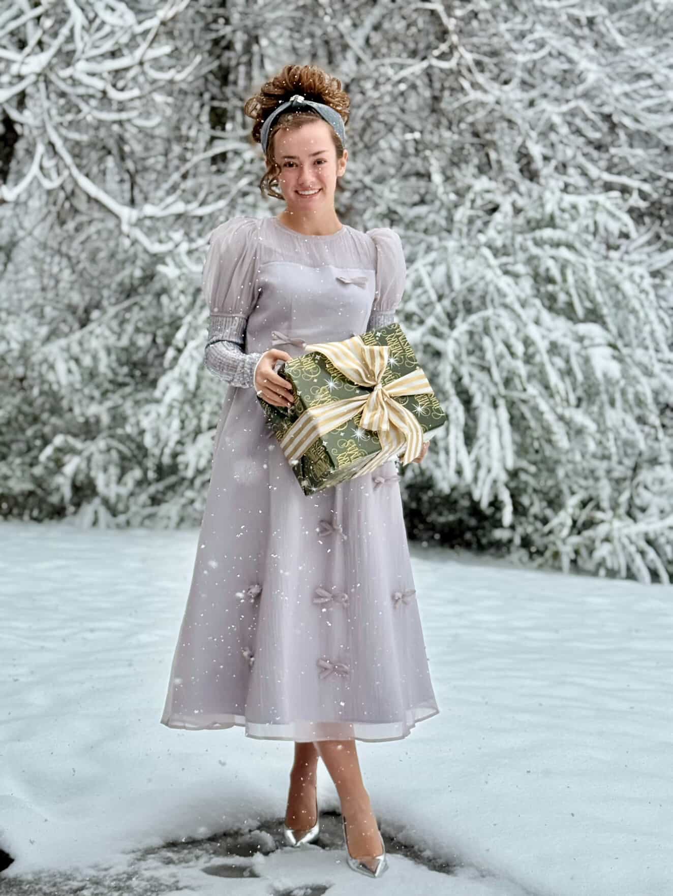 Holiday Luxe Ribbon Dress in Silver.