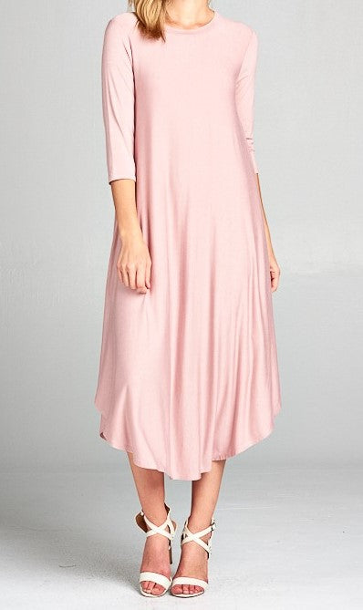 Pink Color - Blushing Beauty Dress - Swing Design with Round Neck & 3/4 Length Sleeves