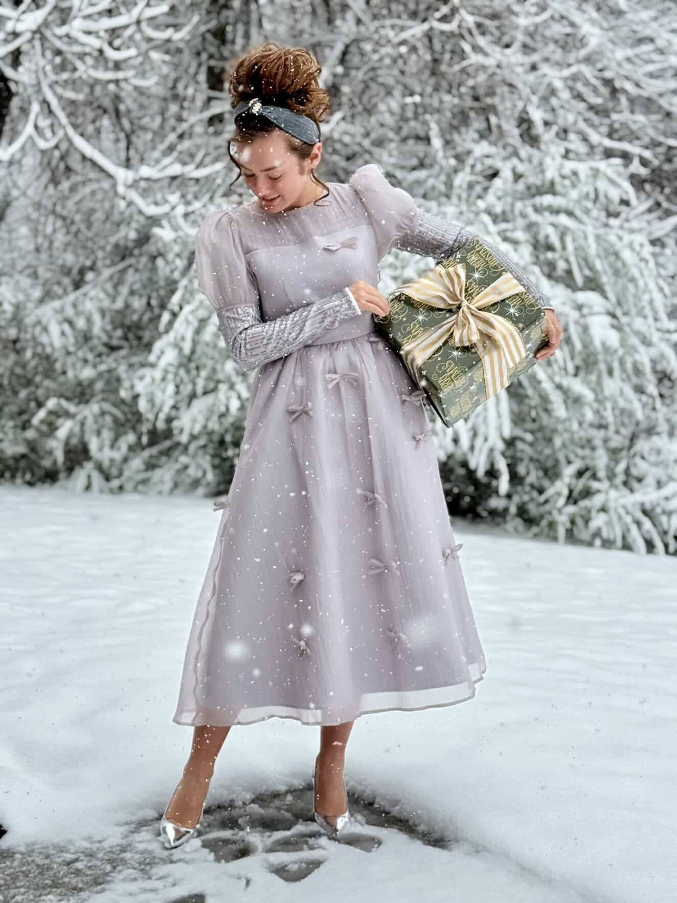 Holiday Luxe Ribbon Dress in Silver.