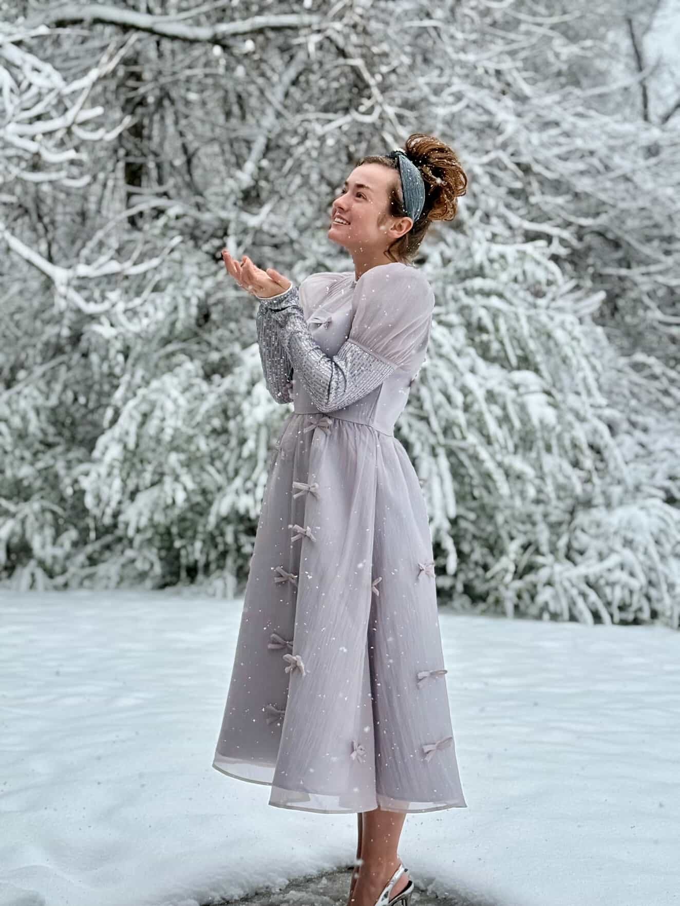 Holiday Luxe Ribbon Dress in Silver.