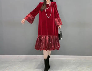 Red Color - Velvet Splendor Dress - Loose, Flowy Fit, Very Little Stretch - Ruffle on Sleeve Cuffs and Hem, Pearl Design Detail on Ruffle