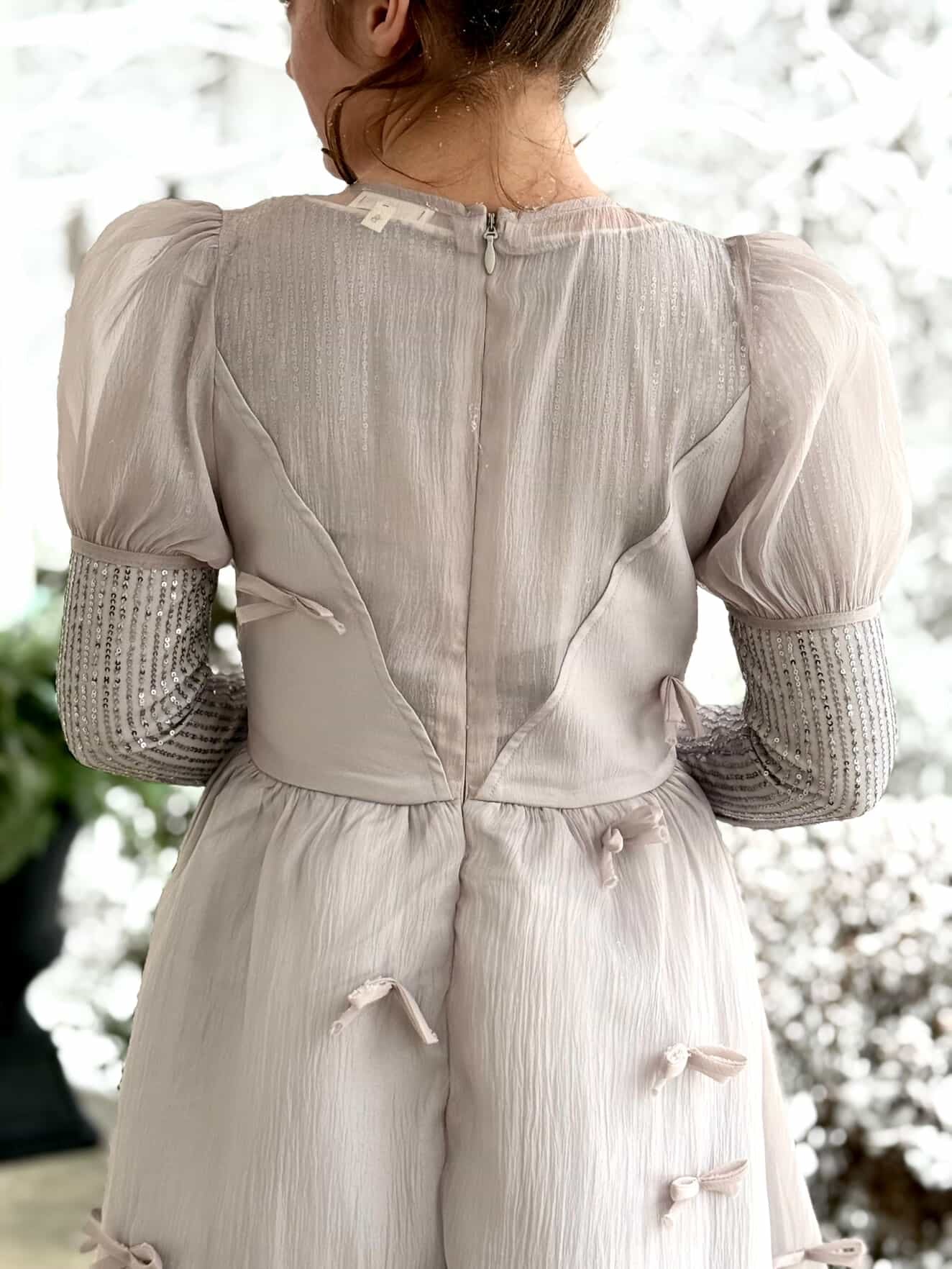 Holiday Luxe Ribbon Dress in Silver.