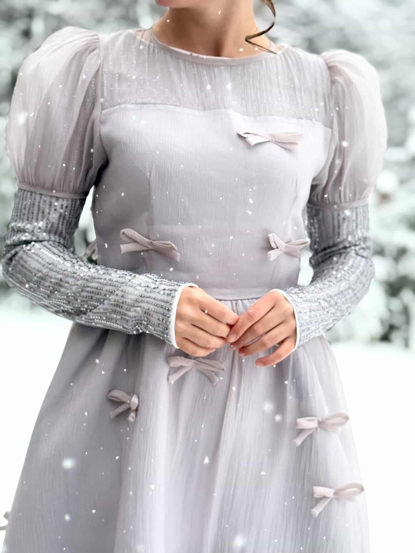 Holiday Luxe Ribbon Dress in Silver.