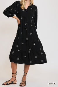 Black Color with White Bow Detail - Bows Galore Dress - Midi Length - Tiered Style - 3/4 Length Sleeves - V-Neck Neckline - Bow Print Throughout