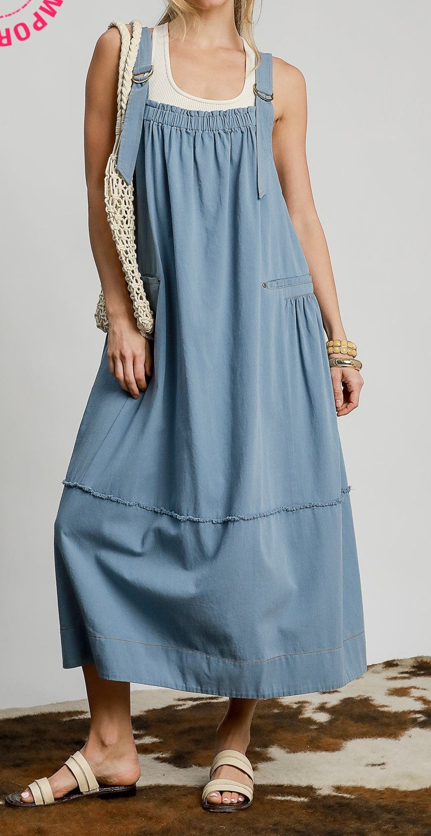 Denim Color - Darling in Denim Overall Dress - Midi Length with Smocked Neckline, Back Bow Detail, & Pockets