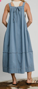 Back View of Denim Color - Darling in Denim Overall Dress - Midi Length with Smocked Neckline, Back Bow Detail, & Pockets