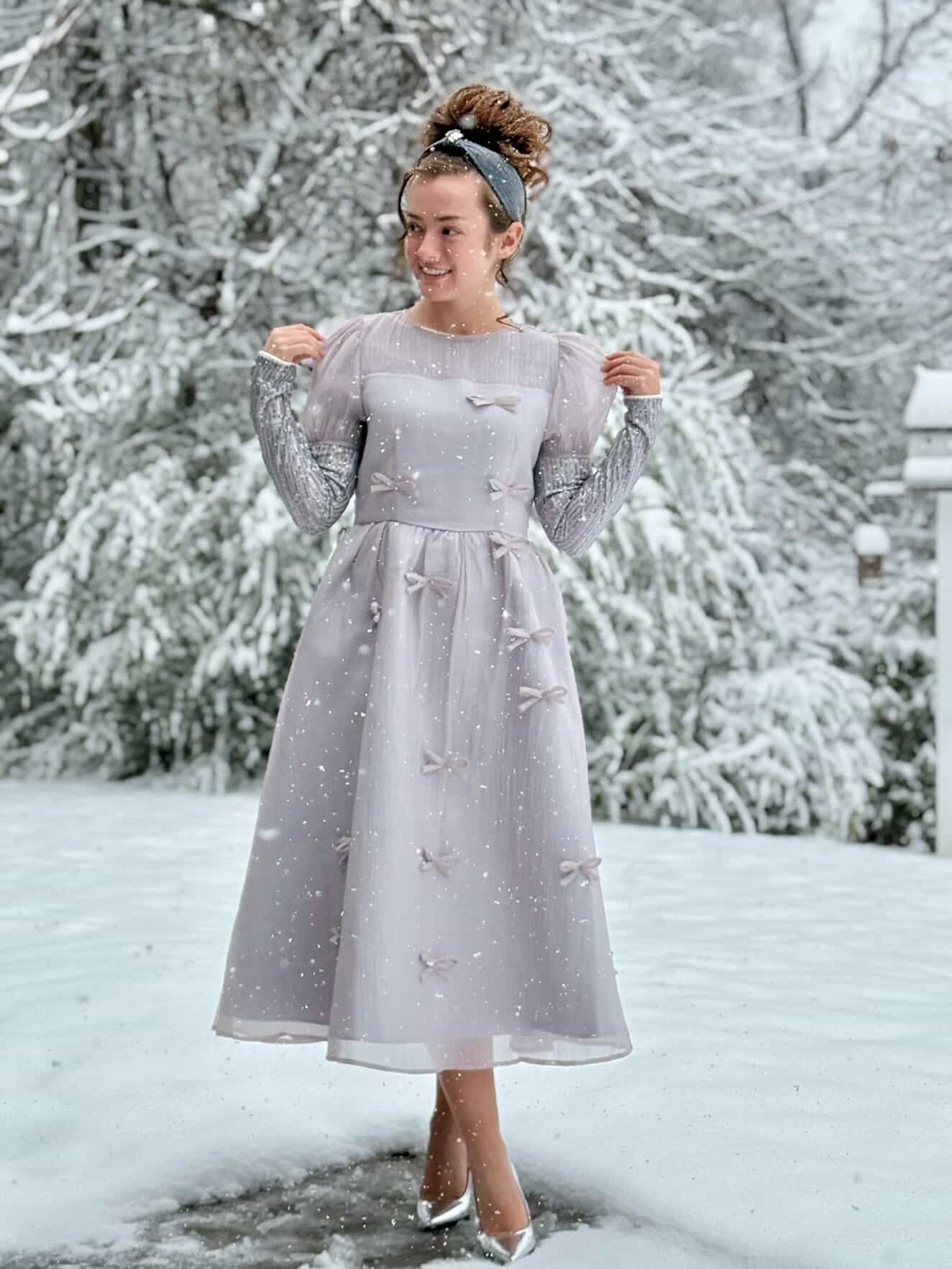 Holiday Luxe Ribbon Dress in Silver.