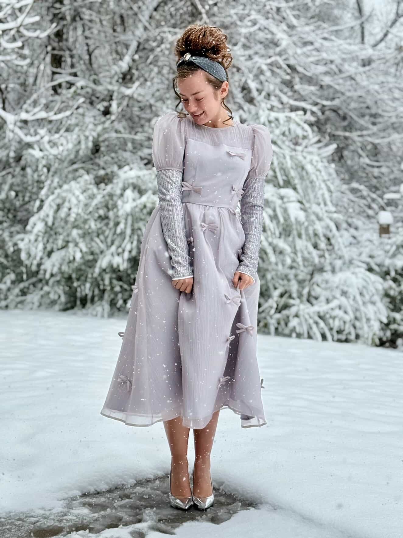 Holiday Luxe Ribbon Dress in Silver.