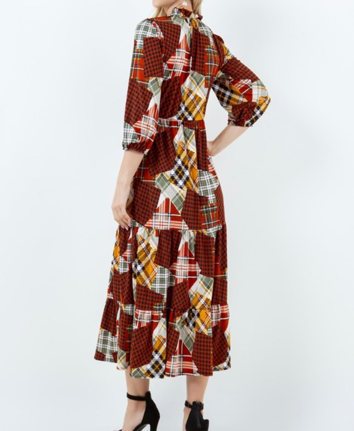 Back View of Autumn Patches Dress with Multicolor Plaid Print and Houndstooth Print