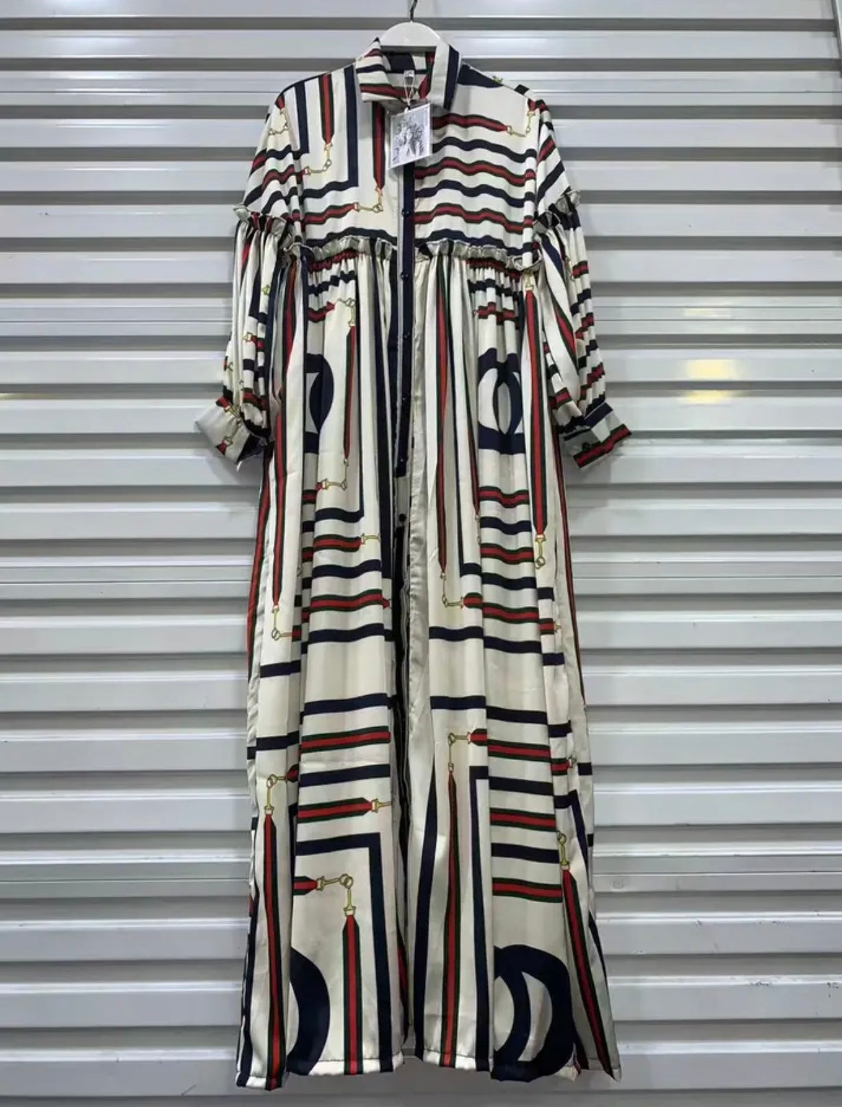 Cream, red and black geo print maxi dress