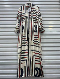 Cream, red and black geo print maxi dress