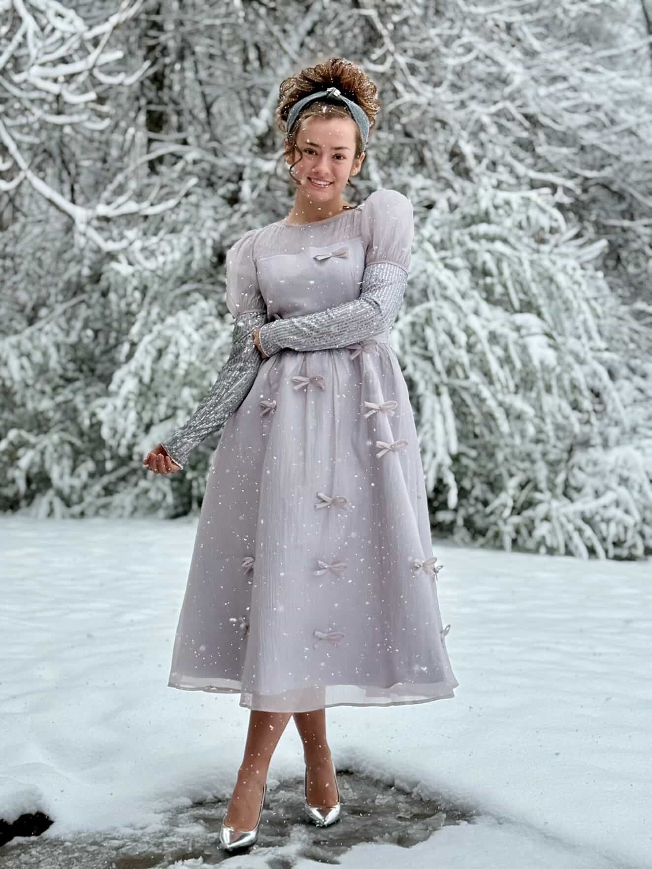 Holiday Luxe Ribbon Dress in Silver.