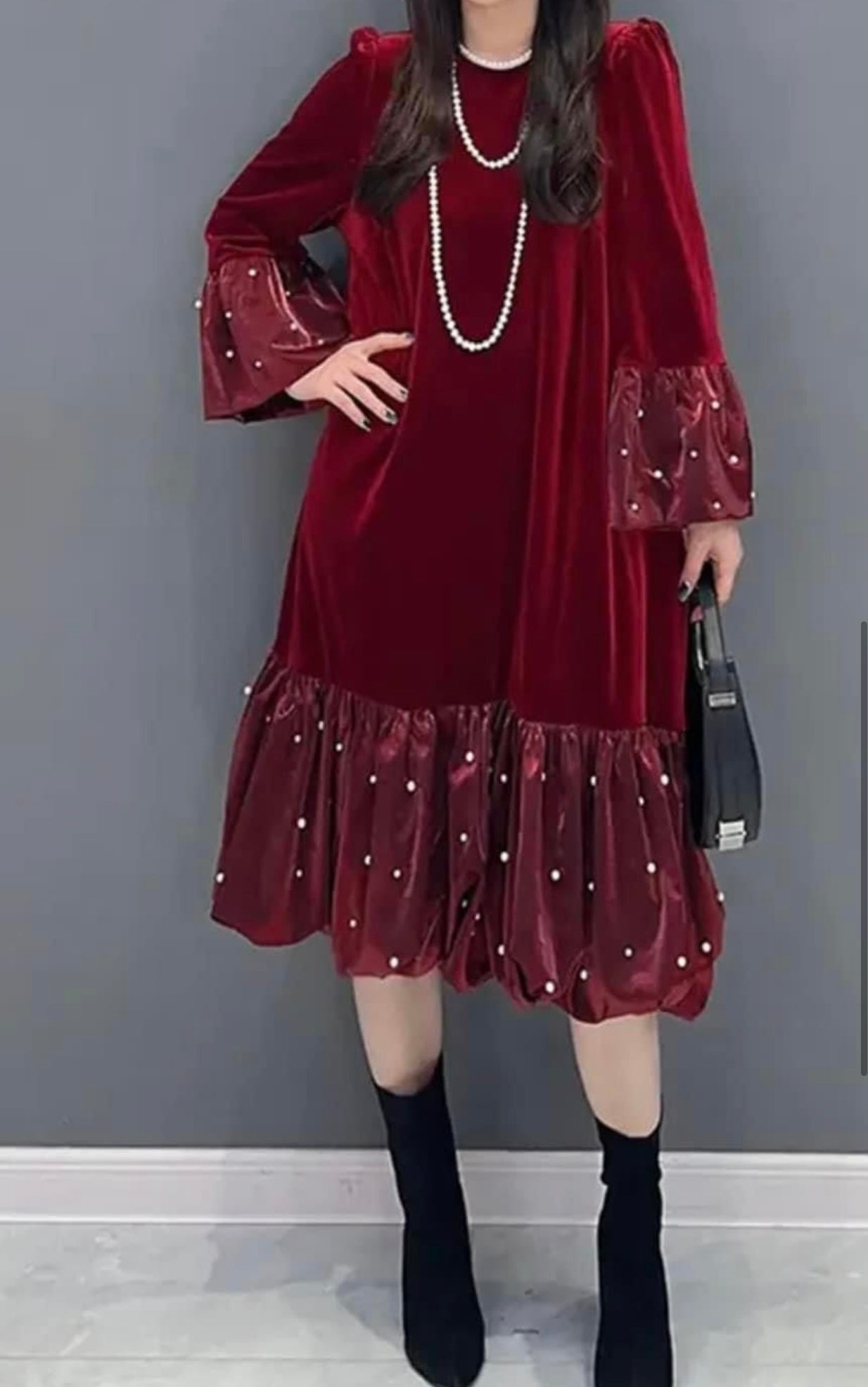 Red Color - Velvet Splendor Dress - Loose, Flowy Fit, Very Little Stretch - Ruffle on Sleeve Cuffs and Hem, Pearl Design Detail on Ruffle