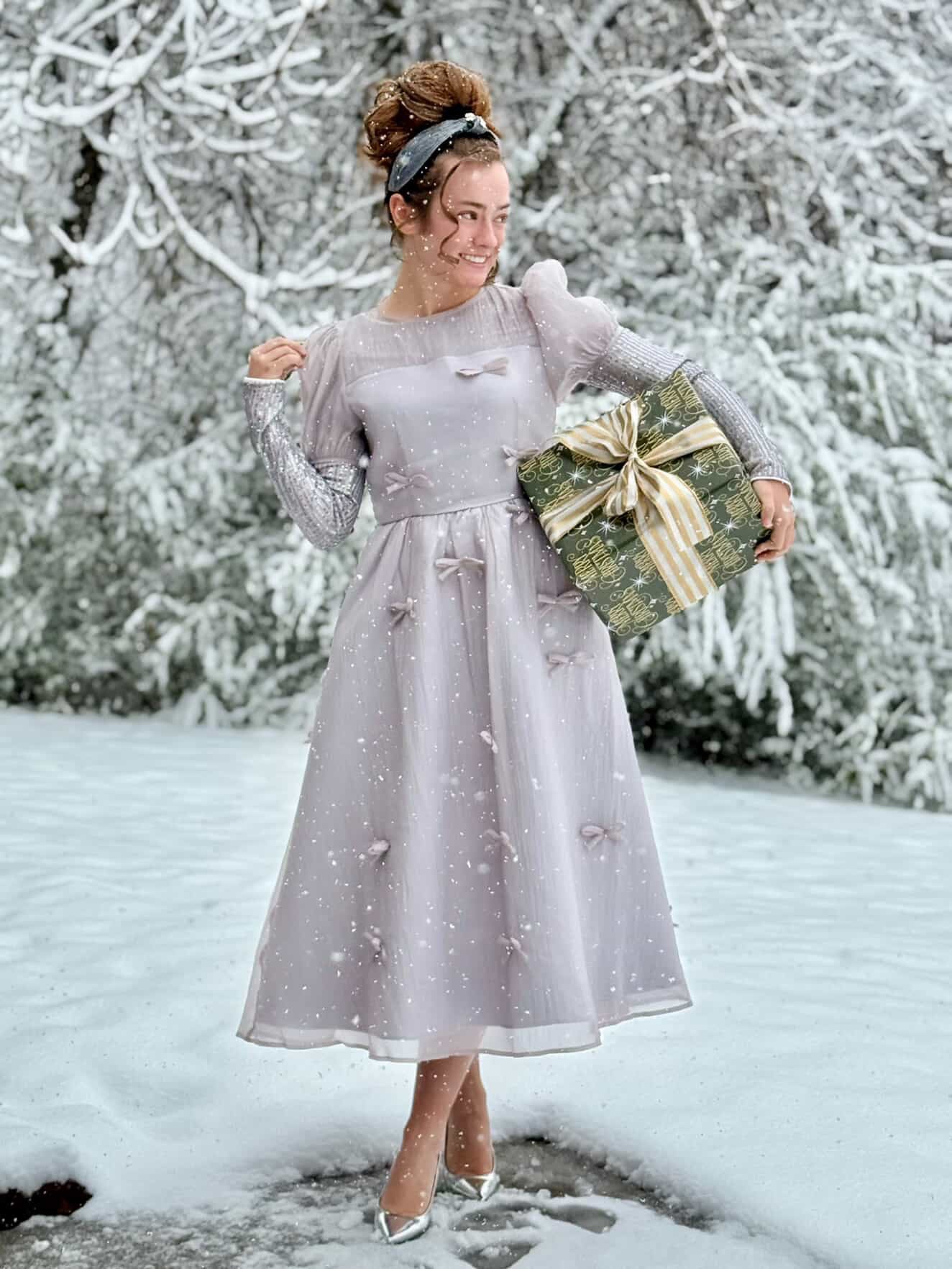 Holiday Luxe Ribbon Dress in Silver.