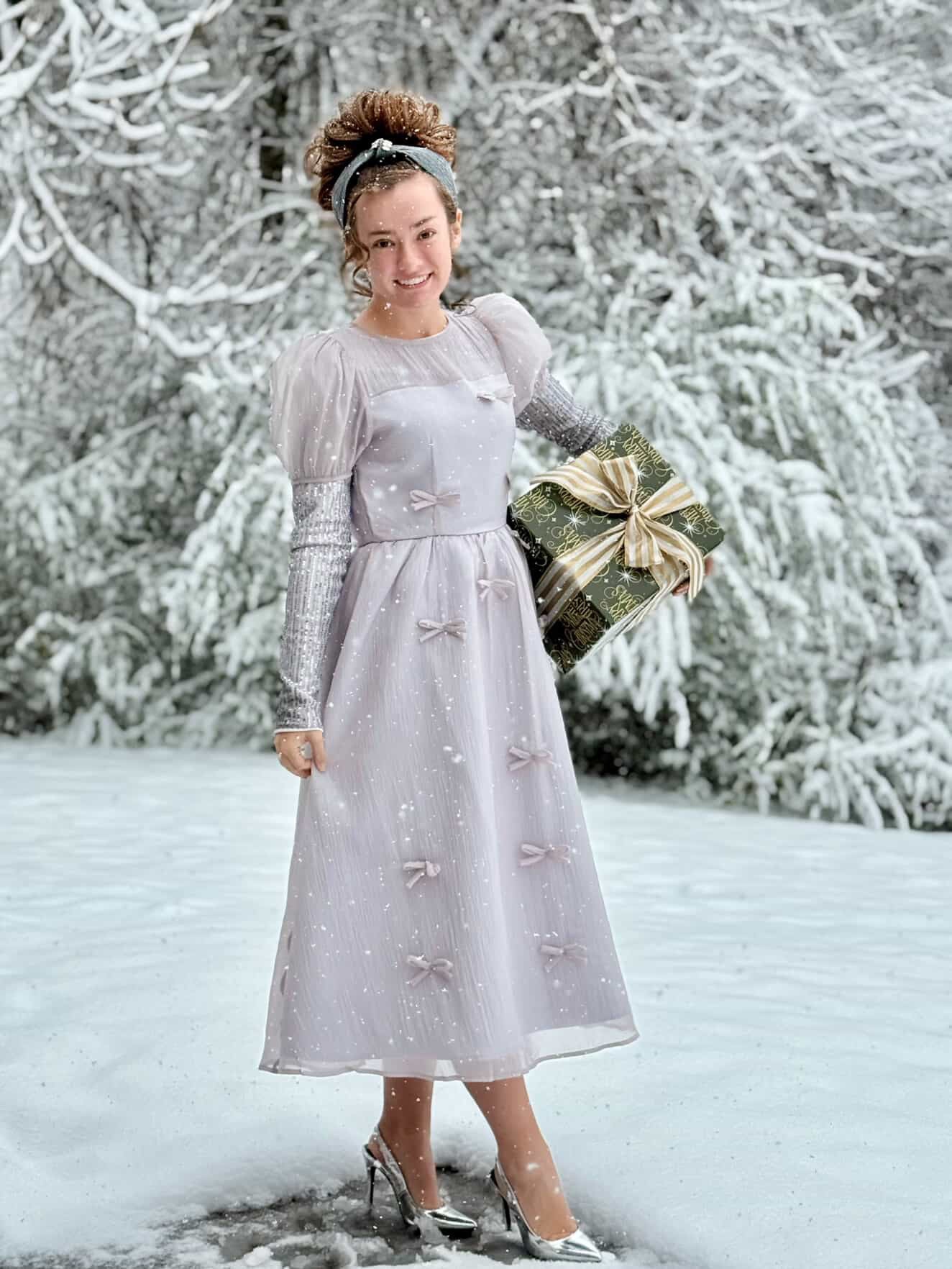 Holiday Luxe Ribbon Dress in Silver.