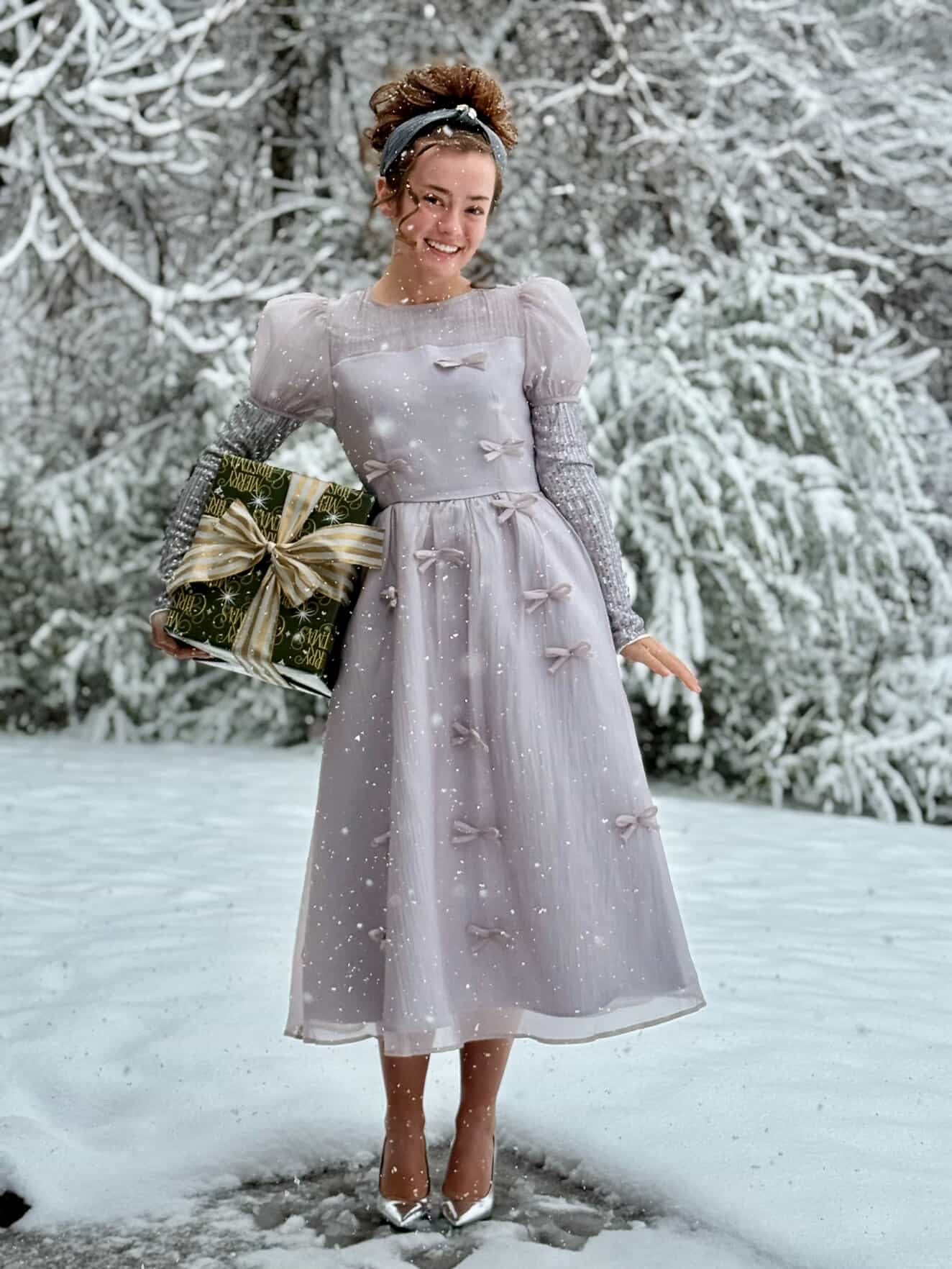 Holiday Luxe Ribbon Dress in Silver.