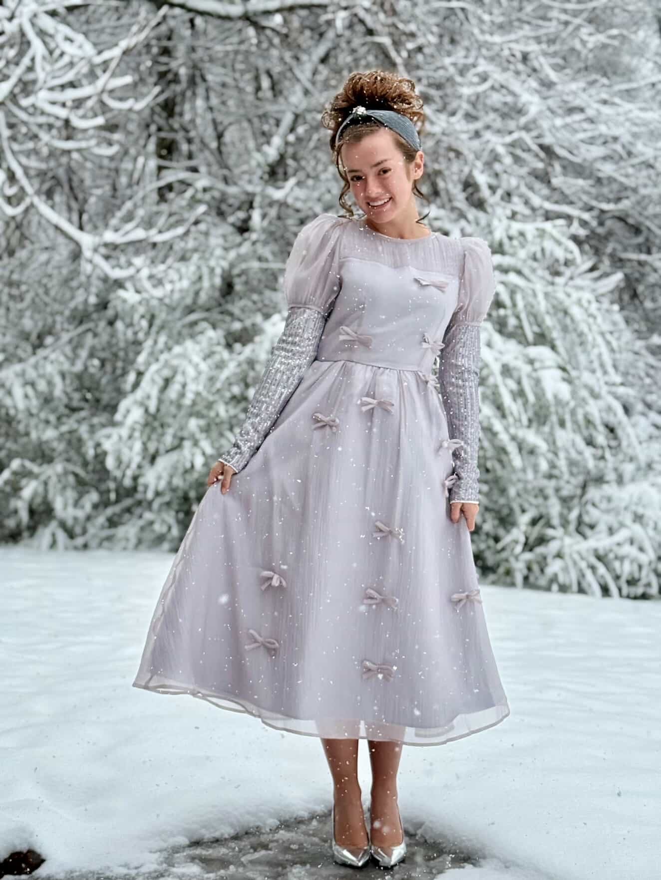 Holiday Luxe Ribbon Dress in Silver.