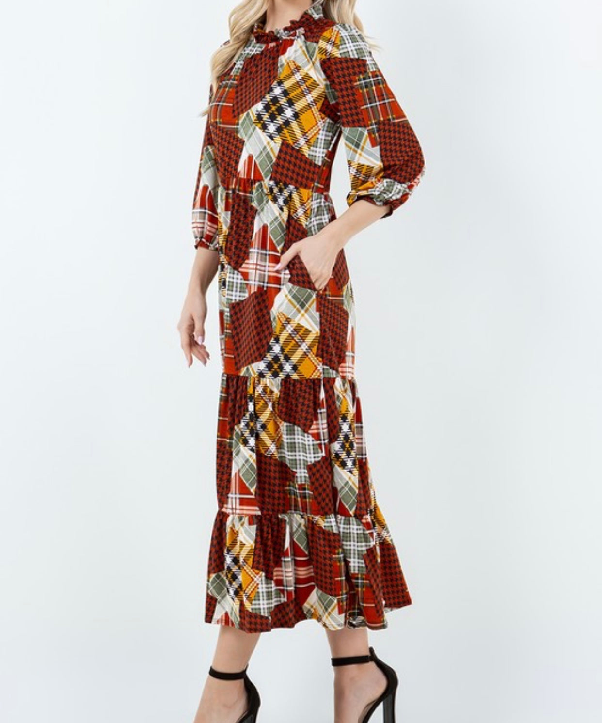 Front/Side View of Autumn Patches Dress with Multicolor Plaid Print and Houndstooth Print