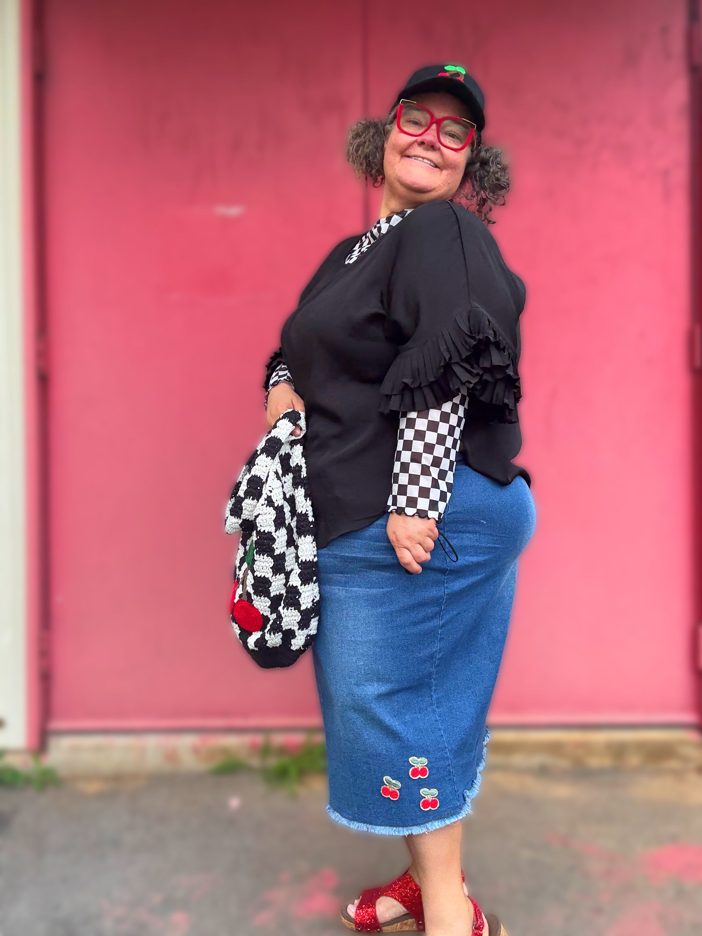 Strawberries or Cherries Denim Skirt With Frayed Hem. You Customize. Sizes S - 3X