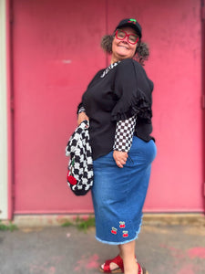 Strawberries or Cherries Denim Skirt With Frayed Hem. You Customize. Sizes S - 3X