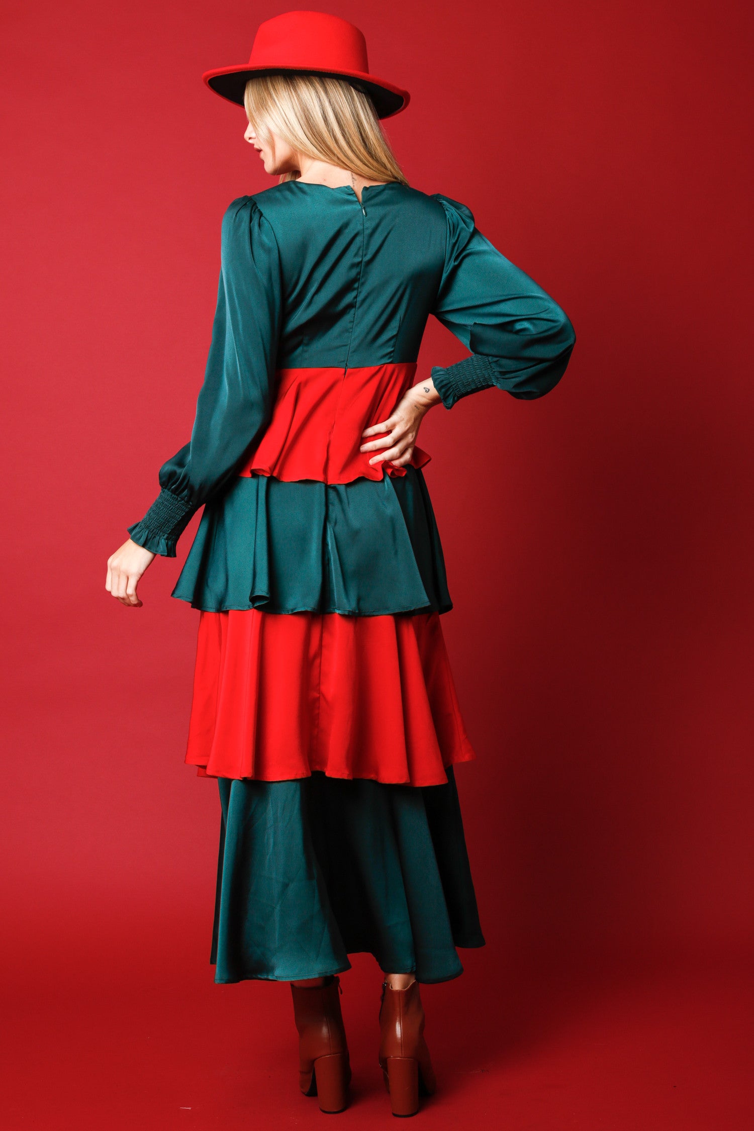 Back View of Hunter Green / Red Color - Holiday Dazzle Dress