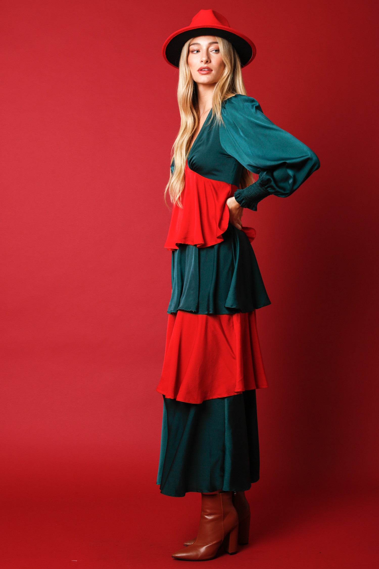 Side View of Hunter Green / Red Color - Holiday Dazzle Dress