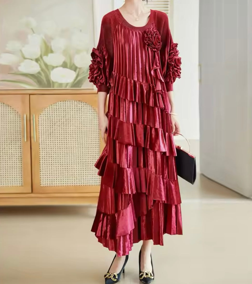 Deep Red tiered dress with ruffles and floor brooche 