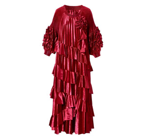 Deep Red tiered dress with ruffles and floor brooche 