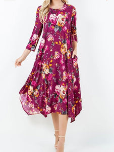 Floral Delight Dress In Burgundy. Curvy