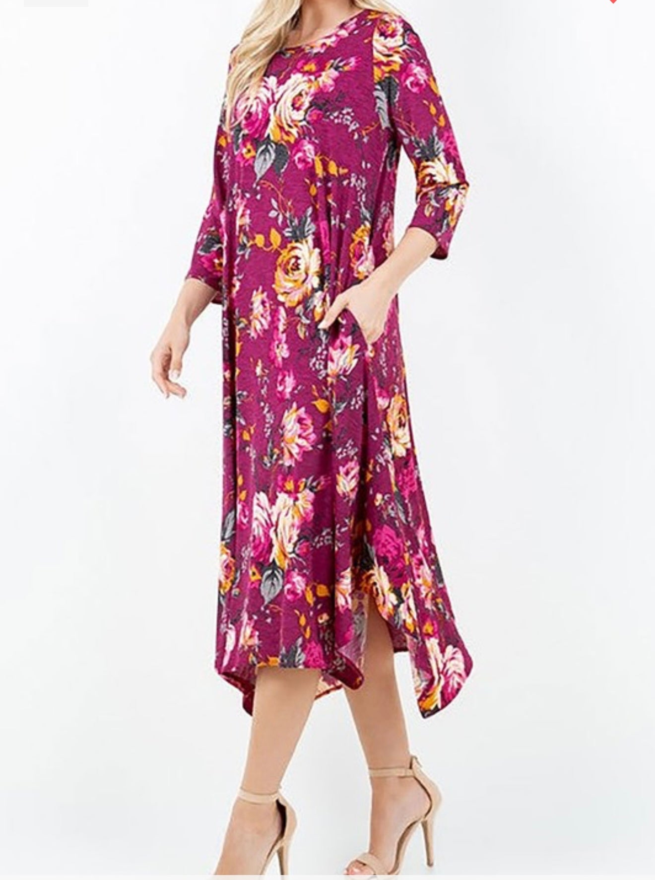 Floral Delight Dress In Burgundy. Curvy
