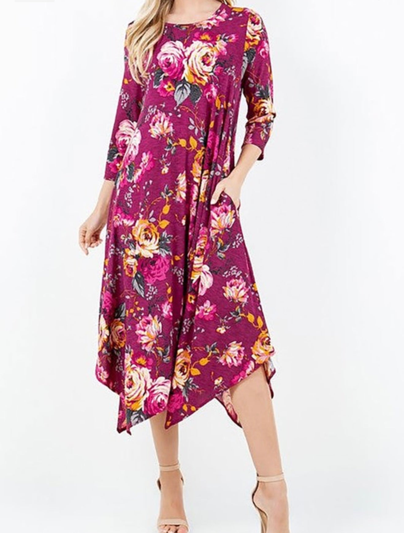 Floral Delight Dress In Burgundy. Curvy